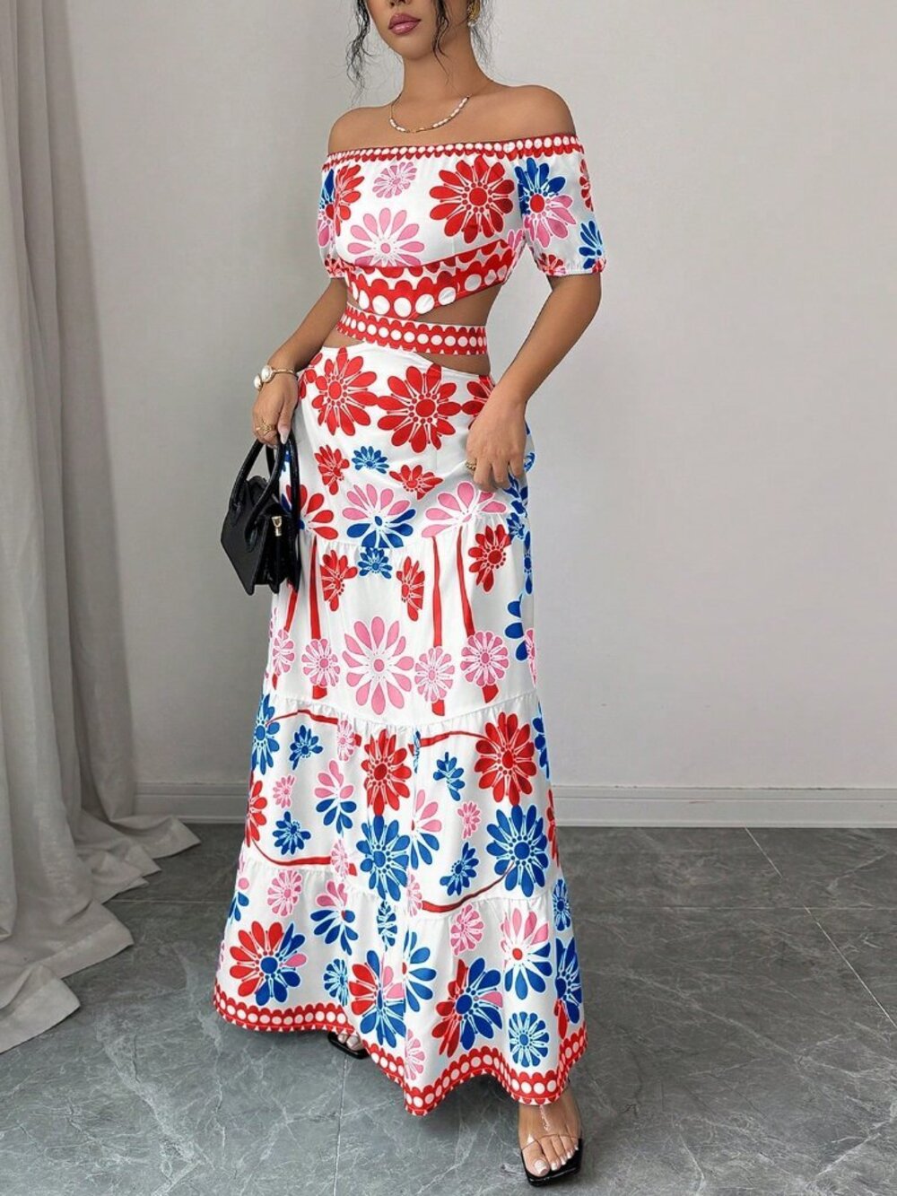 Boho Women's Casual Floral Print Off Shoulder Tie-Waist maxi Dress - Picture 6 of 7